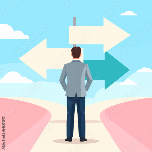 Businessman in a grey suit from behind, standing at a crossroads facing a decision with directional arrows.