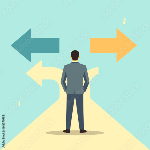 Businessman in a grey suit standing at a crossroads, facing a choice between two paths.