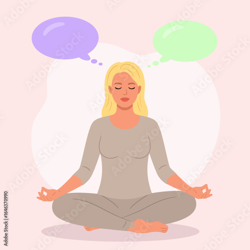 Calm blonde woman in a grey outfit meditating in lotus pose with two colorful thought bubbles.