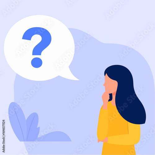 Pensive woman in a yellow shirt with hand on chin, thinking with a blue question mark bubble.