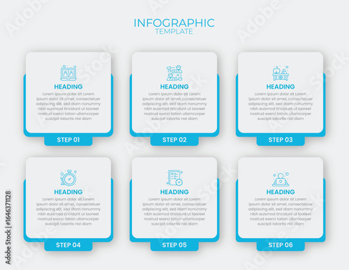 Modern blue and white step-by-step infographic template with six icon-based sections, clean design, and editable text for business, process, and presentation use.