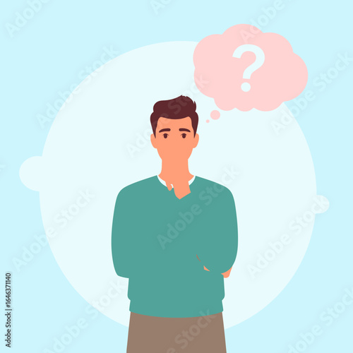 Pensive young man in a green sweater thinking with a question mark thought bubble.