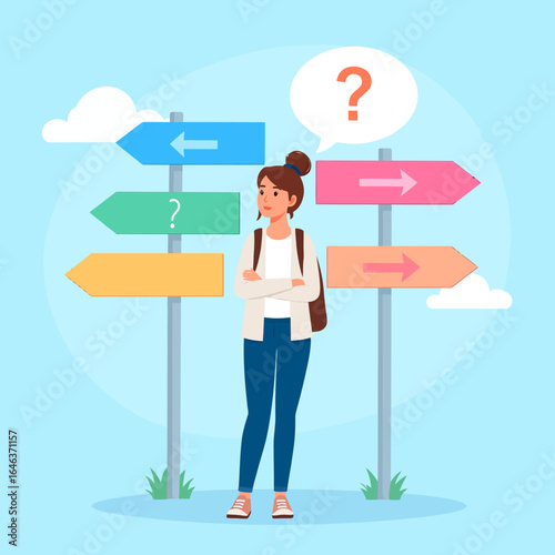 Puzzled young woman with a backpack facing a difficult choice at a crossroads signpost.