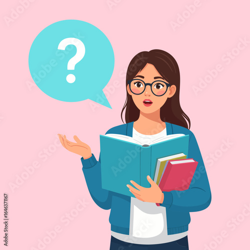 Puzzled young woman with glasses holding books and asking a question with a speech bubble.