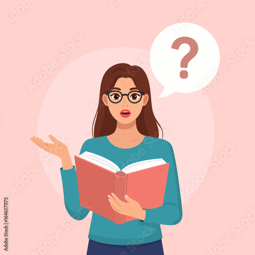 Puzzled young woman with glasses holding a red book, shrugging with a questioning expression.