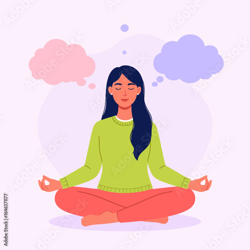 Serene woman with dark hair meditating in lotus pose with two thought bubbles.
