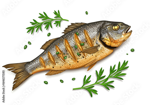 Illustration of grilled fish surrounded by green herbs and tiny green peas