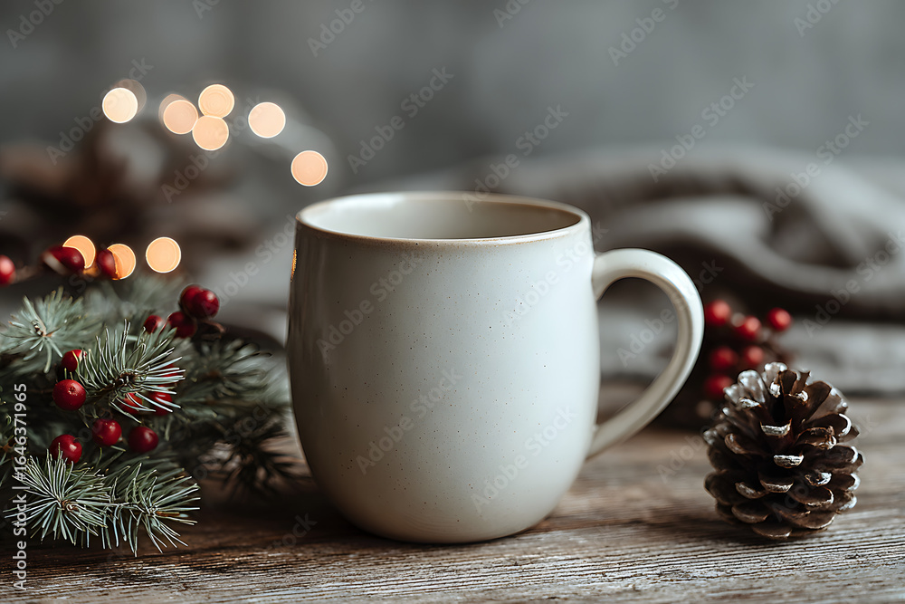 Fototapeta premium White ceramic coffee cup and christmas decoration on woon table background. mockup for creative advertising text message or promotional content.