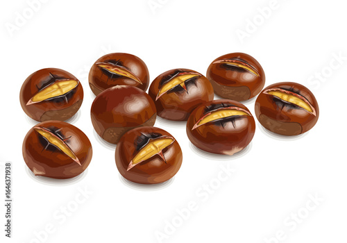 Nine roasted chestnuts are displayed against a plain white background