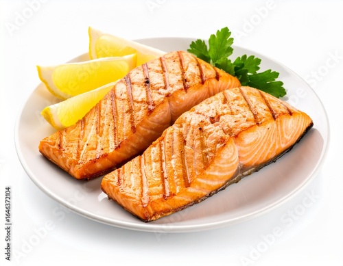 Plate of grilled salmon with lemon wedge, isolated on white background