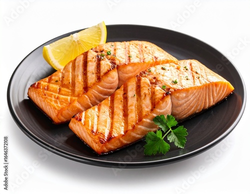 Plate of grilled salmon with lemon wedge, isolated on white background