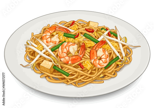 Pad Thai dish on a white plate with noodles shrimp sprouts tofu and green onions