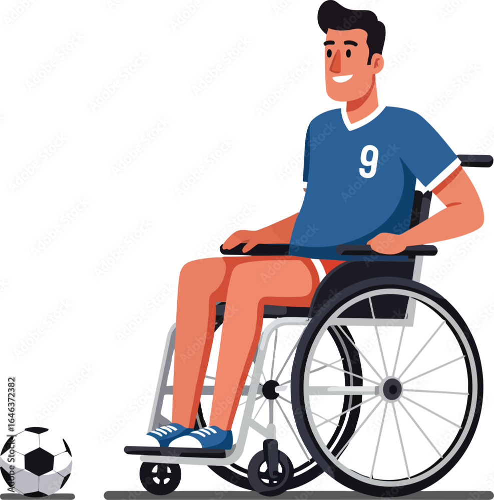 Man in wheelchair playing soccer with ball in active sports scene vector illustration Man in wheelchair playing soccer with ball in active sports scene vector illustration