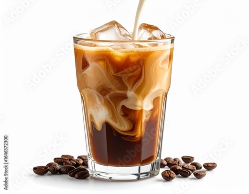 Glass of iced coffee with milk swirl, isolated on white background