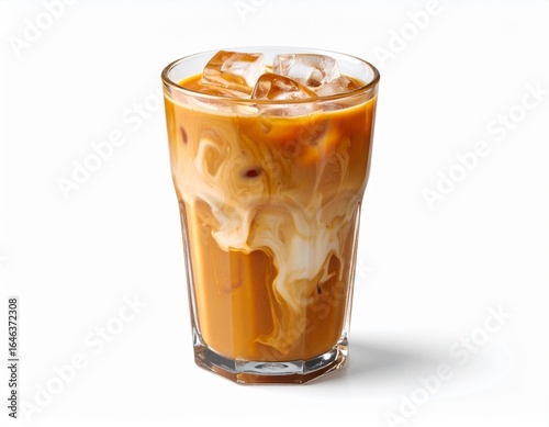 Glass of iced coffee with milk swirl, , isolated on white background