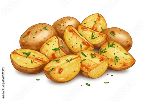 Pile of cooked potato wedges seasoned with spices and herb garnish