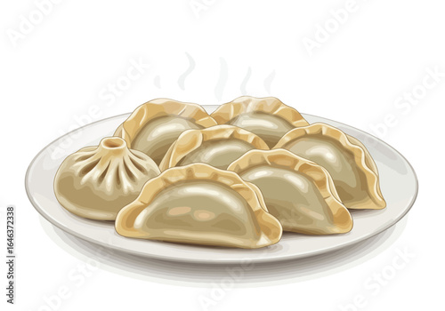 Plate of dumplings features various shapes steaming slightly on a white plate