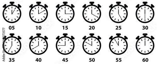 Stopwatch icons, timer clock symbols, countdown minute indicators, black silhouette design, sports and fitness time tracking, digital schedule, measurement vector set