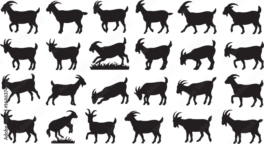 Fototapeta premium Multiple Goat Silhouettes Farm Animals Vector Set