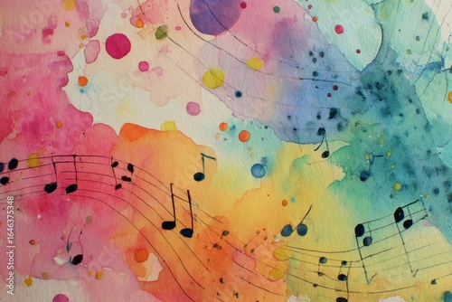 Abstract Watercolor Painting with Musical Notes and Rainbow Hues