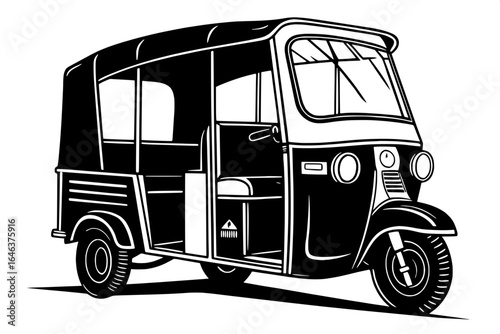 "Black auto rickshaw vector with customizable layers, ready for commercial use in flyers, brochures, and web designs."