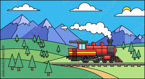 Colorful Cartoon Steam Train in Mountain Landscape