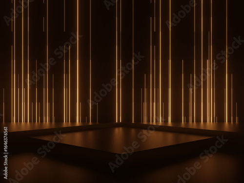 3D Black background with golden  stripped neon lights