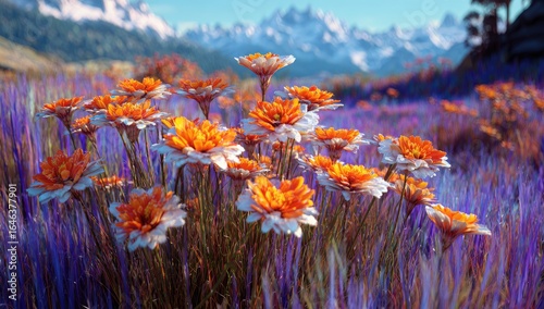 Vibrant orange and white flowers bloom in a field of purple grass, set against a backdrop of majestic snow-capped mountains under a clear, bright sky