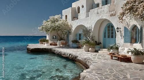 Peaceful seaside village with vibrant plant pictures