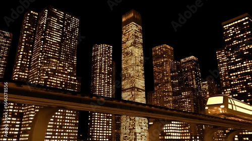 Golden monorail train glides through a futuristic cityscape at night