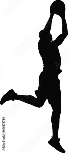 Dynamic basketball player soaring for a slam dunk, capturing athletic power and intense game action.