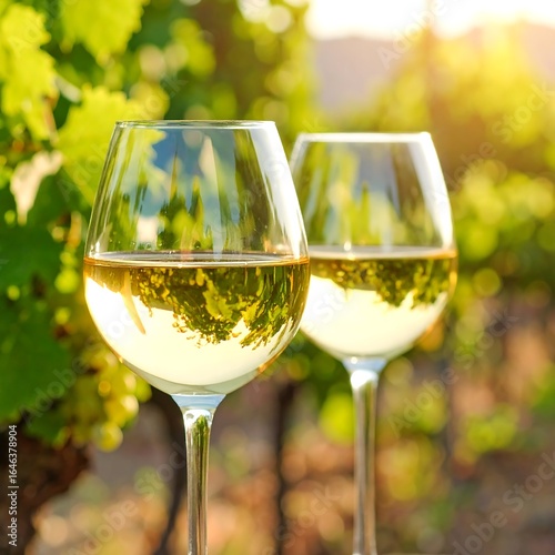 Two glasses of white wine in vineyard