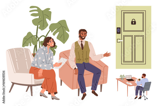 Two professionals discussing ideas in an office, one seated at a desk, with a focus on a locked door signifying security. Ideal for teamwork, communication, business strategies, home security