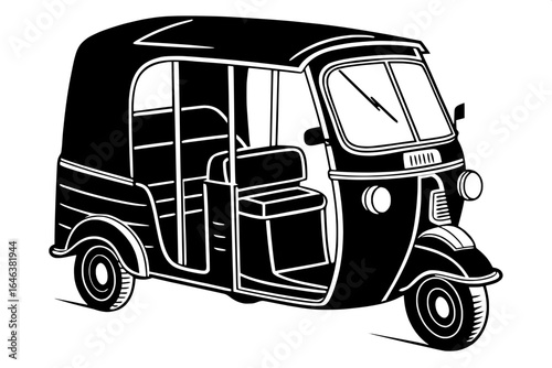 "Flat design black auto rickshaw vector illustration for branding, marketing, or transportation-themed graphics."