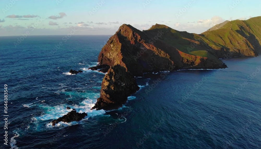 Naklejka premium Dramatic aerial view of a rugged volcanic island coastline, waves crashing against dark cliffs.