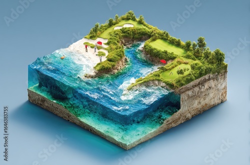 3D cutaway view of a coastal golf course.  Miniature, detailed, and  realistic depiction of land, water, and greenery.  Two golf holes,  beach, and ocean.  Transparent block