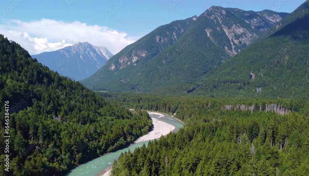 Obraz premium Breathtaking Aerial View of Mountain Landscape with River and Lush Forest, Drone Shot
