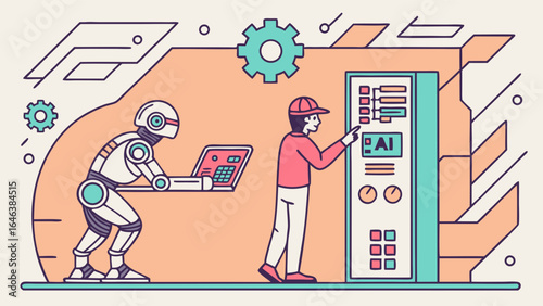 AI System with Robot and Technician Working Together In Modern Tech