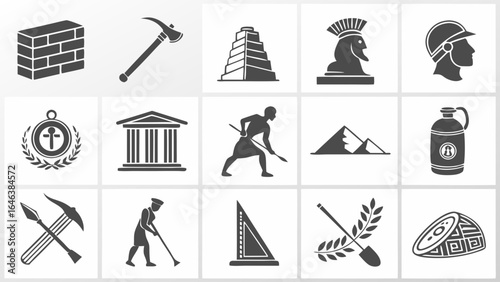 Ancient Civilization Icon Set: Building, Tools, and Architecture Design