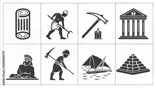 Ancient Egyptian Icon Set: Pyramids, Workers, Temple, and Sailing