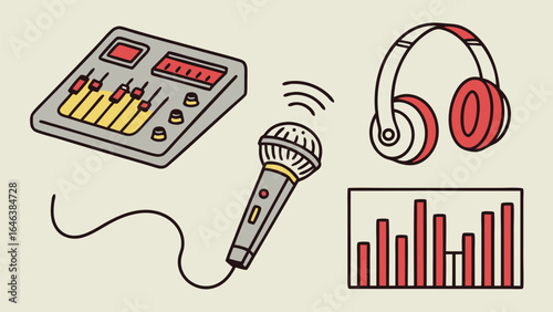 Audio recording studio equipment: microphone, headphones, mixer and sound