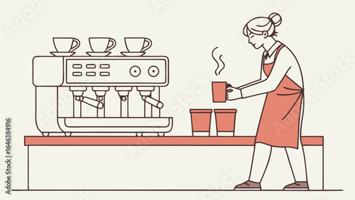 Barista preparing coffee illustration with coffee machine and cups icon