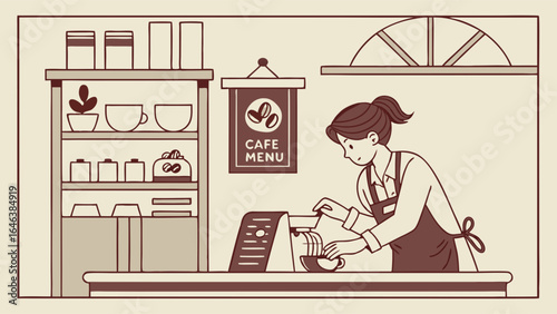 Barista Preparing Coffee at Cafe, Hand Drawn Illustration