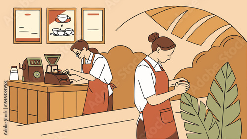 Baristas making coffee shop scene with illustrations, flat design, in color
