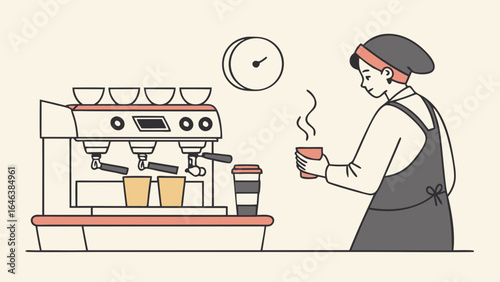 Barista serving fresh coffee with espresso machine and coffee cup