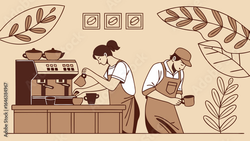 Baristas preparing coffee with espresso machine in warm toned illustration