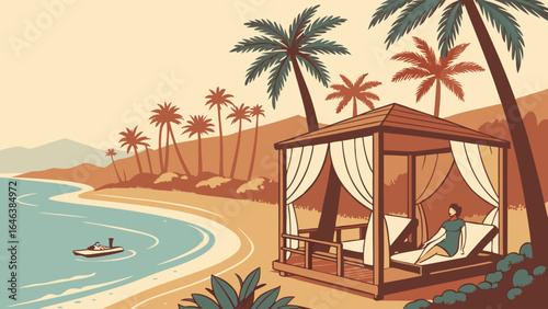 Beach Relaxation Scene with Hut Boat and Palm Trees at Sunset