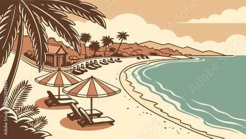 Beach landscape illustration with palm trees, umbrellas and lounge chairs