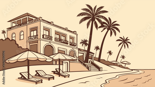 Beach Resort with Luxury Hotel and Palm Trees for Vacation