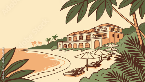 Beachfront resort illustration with palms, umbrellas, and lounge chairs.